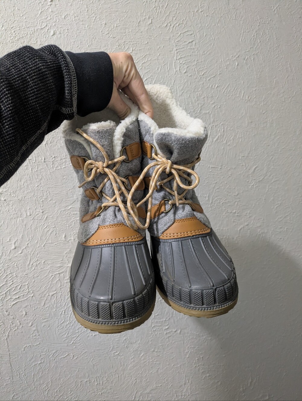 Women's Gray and Tan Quilted Winter Duck Boots Fleece Lined